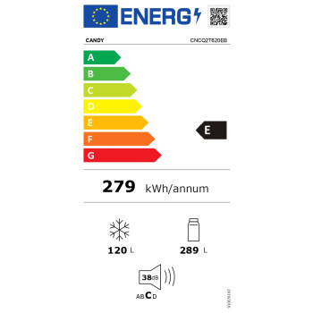 Refrigerator | CNCQ2T620EB | Energy efficiency class E | Free standing | Combi | Height 205 cm | No Frost system | Fridge net capacity 289 L | Freezer net capacity 120 L | Display | 38 dB | Black