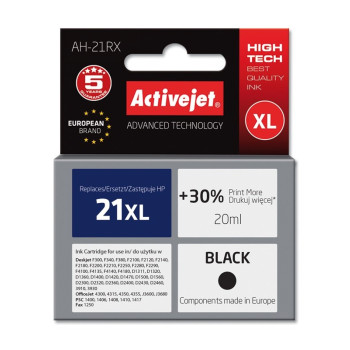 Activejet Ink Cartridge AH-21RX for HP Printer, Compatible with HP 21XL C9351A;  Premium;  20 ml;  black. Prints 30% more.