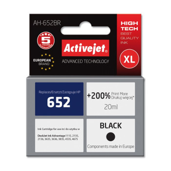 Activejet AH-652BR ink for HP printer; HP 652 F6V25AE replacement; Premium; 20 ml; black