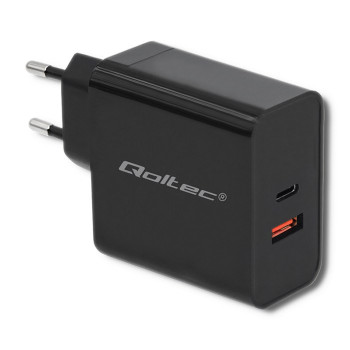 Qoltec 51716 Charger | 63W | 5-20V | 1.5-3A | USB type C PD | USB QC 3.0 | Black