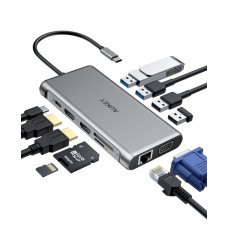 HUB CB-C78 aluminum USB-C | 12w1 | RJ45 Ethernet 10 100 1000Mbps | 2xUSB 3.1 | 2xUSB 2.0 | 2xHDMI 4k@30Hz | VGA | SD i microSD | USB-C | USB-C