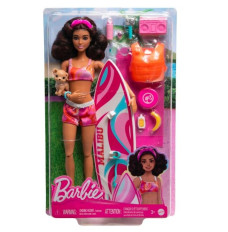 Barbie Doll with Surfboard and Puppy, Poseable Brunette Barbie Beach Doll