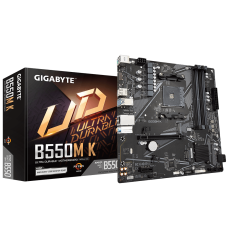 Gigabyte B550M K 1.0 M/B Processor family AMD Processor socket AM4 DDR4 DIMM Memory slots 4 Supported hard disk drive interfaces 	SATA, M.2 Number of SATA connectors 4 Chipset AMD B550 Micro ATX