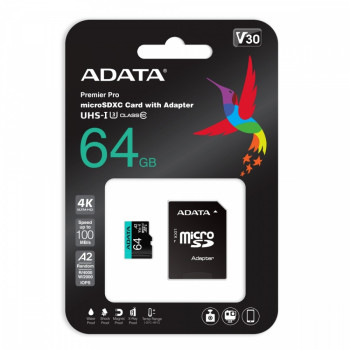 Memory card microSD Premier Pro 64 GB UHS1 U3 V30 A2 + adapter 