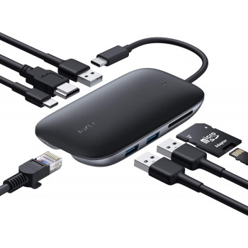 CB-C71 aluminium HUB USB-C | 8in1 | RJ45 Ethernet 10 100 1000Mbps | 3xUSB 3.1 | HDMI 4k@30Hz | SD & microSD | USB-C Power Delivery 100W