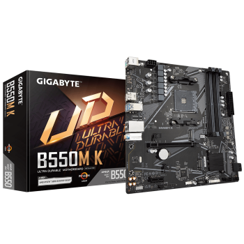 Gigabyte B550M K 1.0 M/B Processor family AMD Processor socket AM4 DDR4 DIMM Memory slots 4 Supported hard disk drive interfaces 	SATA, M.2 Number of SATA connectors 4 Chipset AMD B550 Micro ATX