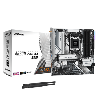ASRock A620M Pro RS WiFi Processor family AMD, Processor socket AM5, DDR5 DIMM, Memory slots 4, Supported hard disk drive interfaces SATA3, M.2, Number of SATA connectors 4, Chipset AMD A620, Micro ATX