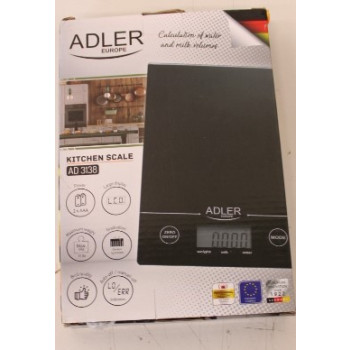 SALE OUT. Adler AD 3138 Kitchen scales, Capacity 5 kg , Big LCD Display, Auto-zero/Auto-off, Black Adler Kitchen scales Adler AD 3138 Maximum weight (capacity) 5 kg Graduation 1 g Display type LCD Black DAMAGED PACKAGING | Kitchen scales | Adler AD 3138 |