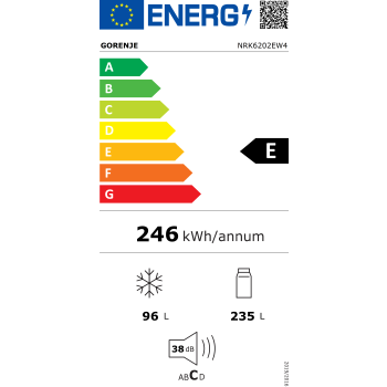 Refrigerator | NRK6202EW4 | Energy efficiency class E | Free standing | Combi | Height 200 cm | No Frost system | Fridge net capacity 235 L | Freezer net capacity 96 L | Display | 38 dB | White