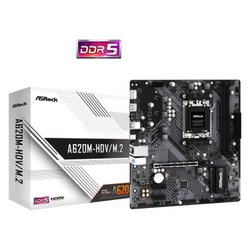 Mainboard ASROCK AMD A620 SAM5 Micro-ATX Memory DDR5 Memory slots 2 2xPCI-Express 3.0 1x 1xPCI-Express 4.0 16x 2xM.2 1xHDMI 1xDisplayPort 2xUSB 2.0 2xUSB 3.2 1xUSB-C 1xRJ45 3xAudio port A620M-HDV/M.2
