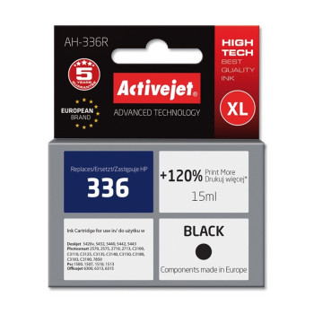 Activejet Ink Cartridge AH-336R for HP Printer, Compatible with HP 336 C9362EE;  Premium;  15 ml;  black. Prints 120% more.