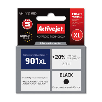 Activejet AH-901BRX HP Printer Ink, Compatible with HP 901XL CC654AE;  Premium;  20 ml;  black. Prints 20% more.