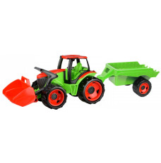 Tractor with shovel and trailer red-green