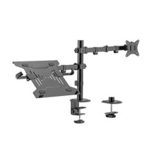 Adjustable desk mount with monitor arm and notebook tray