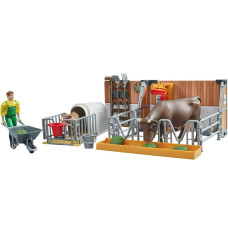 Figures set Cowshed with cow, calf and farmer