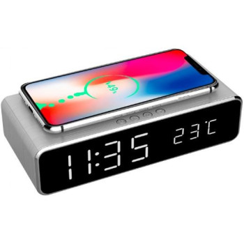 Digital alarm clock with wireless charge. silver