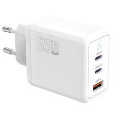 Charger 2x USB C + USB A Power Delivery white, GaN 65W
