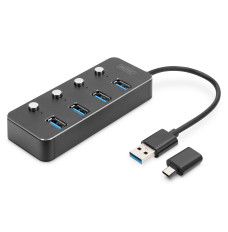 USB 3.0 Hub, 4-port, Switchable, Aluminum Housing | DA-70247