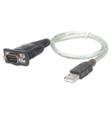 Manhattan USB-A to Serial Converter cable, 45cm, Male to Male, Serial/RS232/COM/DB9, Prolific PL-2303RA Chip, Equivalent to ICUSB232V2, Black/Silver cable, Three Year Warranty, Blister